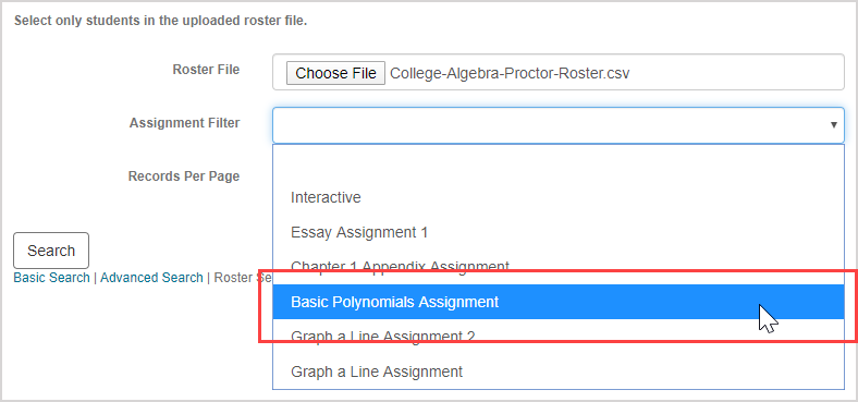 An assignment is selected from the Assignment Filter drop-down menu in Proctor Tools.